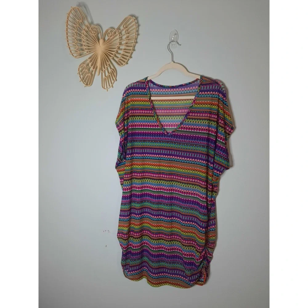 Anne‎ Cole Women Multicolor Geometric Mesh V-Neck Swim Cover-Up Dress Tunic